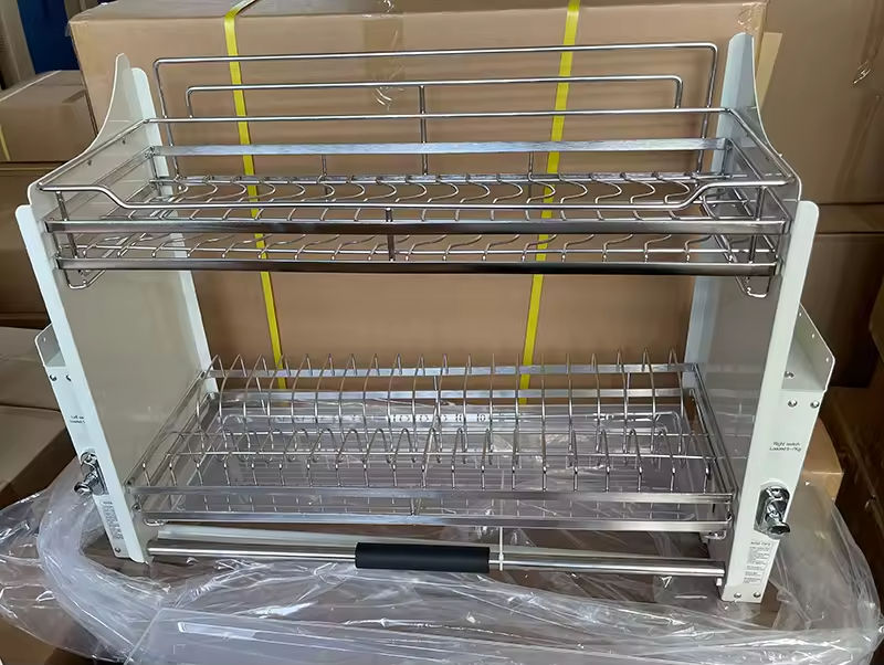 Factory Custom Modern Flat Chrome Hotel Use Kitchen Dish Rack Cabinet Storage Lift Basket with Pull Down Hardware