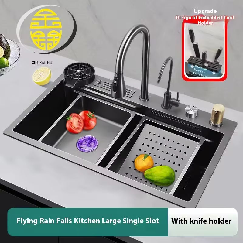 Handmade 201/304 Stainless Steel Single Bowl Undermount Kitchen Sink Rainfall Faucet Knife Holder Multifunctional Brushed Finish