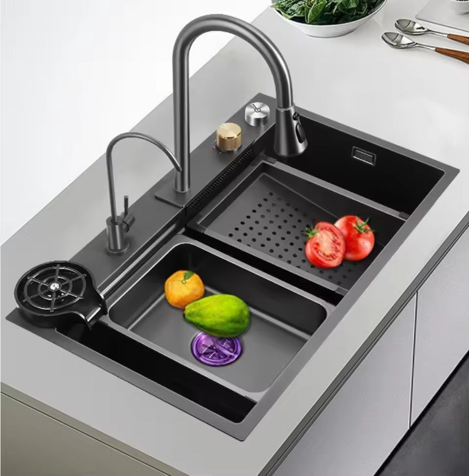 Handmade 201/304 Stainless Steel Single Bowl Undermount Kitchen Sink Rainfall Faucet Knife Holder Multifunctional Brushed Finish