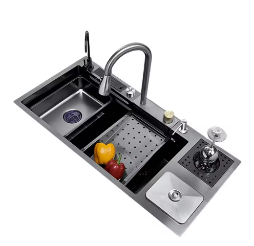 Modern Design Stainless Steel Handmade Kitchen Sink Single Bowl Multifunction Sink, Nylon Extension Faucet