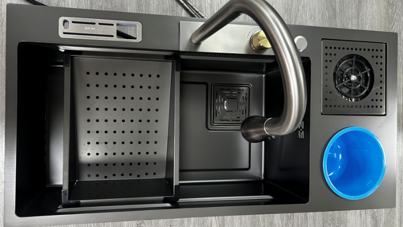 Modern Design Stainless Steel Handmade Kitchen Sink Single Bowl Multifunction Sink, Nylon Extension Faucet