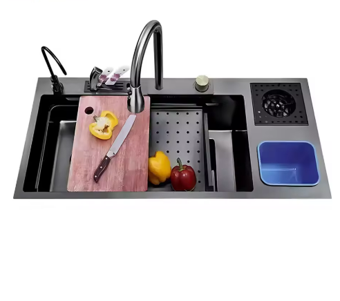 Modern Design Stainless Steel Handmade Kitchen Sink Single Bowl Multifunction Sink, Nylon Extension Faucet