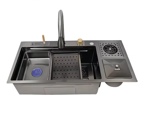 Modern Design Stainless Steel Handmade Kitchen Sink Single Bowl Multifunction Sink, Nylon Extension Faucet