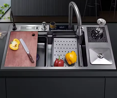 Modern Design Stainless Steel Handmade Kitchen Sink Single Bowl Multifunction Sink, Nylon Extension Faucet