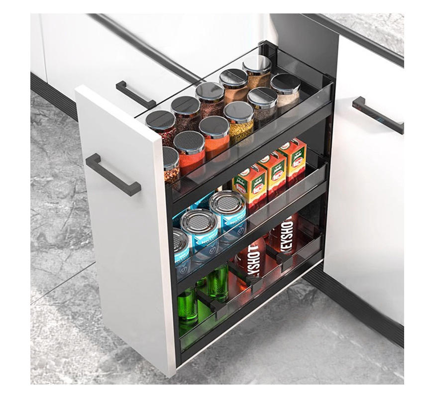 Modern Kitchen Cabinets with Pull-Out Aluminum Alloy Drawers Seasoning Basket and Dish Rack Combined Corner Storage Organizer