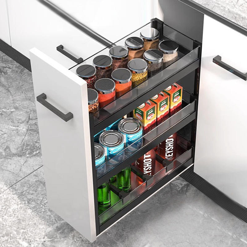 Modern Kitchen Cabinets with Pull-Out Aluminum Alloy Drawers Seasoning Basket and Dish Rack Combined Corner Storage Organizer