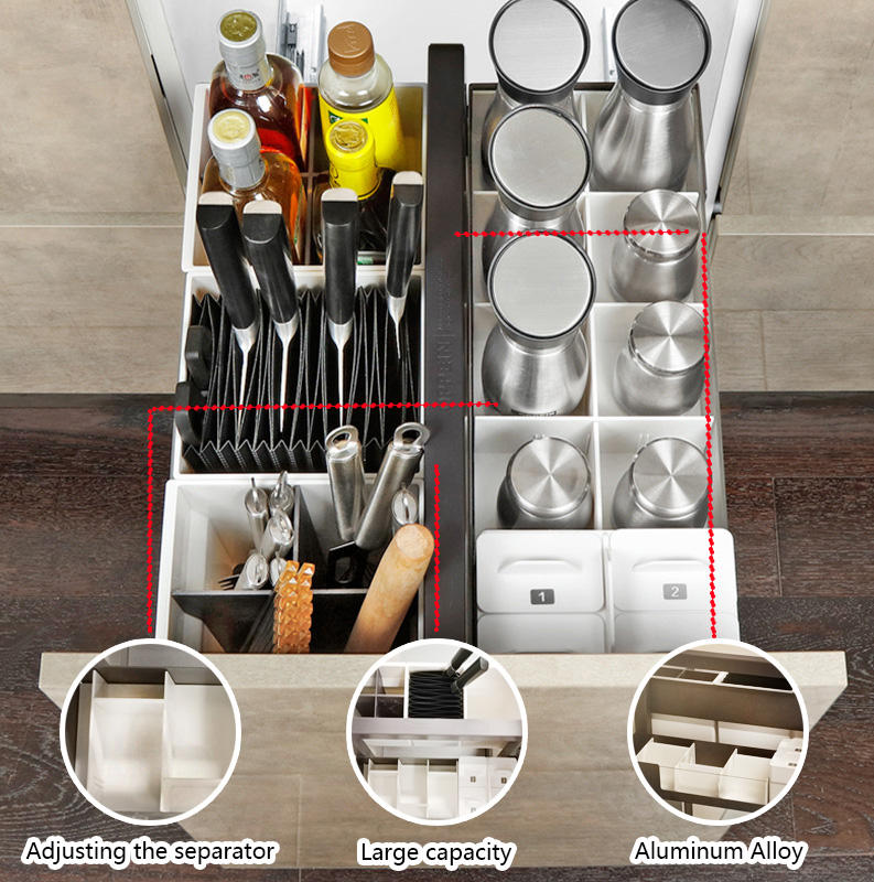 Modern Kitchen Cabinets with Pull-Out Aluminum Alloy Drawers Seasoning Basket and Dish Rack Combined Corner Storage Organizer