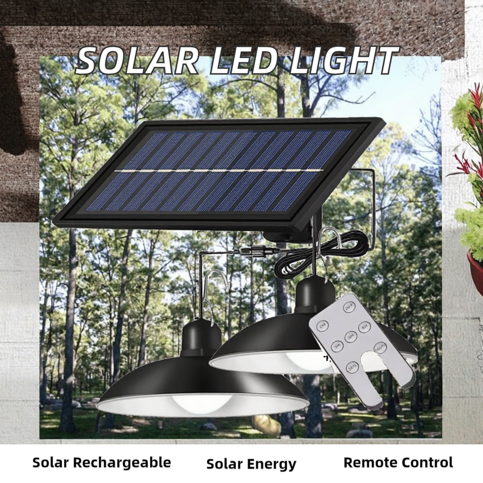 Outdoor Double-Headed LED Pendant Light Solar Powered IP66 Waterproof Landscape Decorations Remote Control Shed
