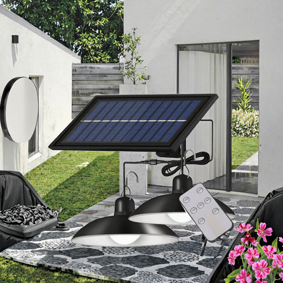 Outdoor Double-Headed LED Pendant Light Solar Powered IP66 Waterproof Landscape Decorations Remote Control Shed