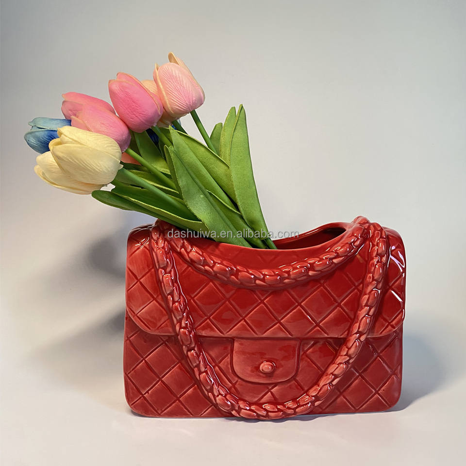 High Quality Creative Ceramic Big Large Flower Purse Vases Handbag Beautiful Home Decoration for Indoor Ceramic Bag