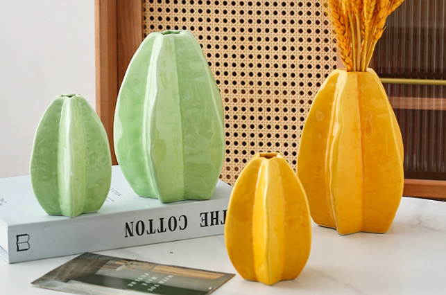 European Green Carambola Ceramic Vase Creative Hydroponic Flower Arrangement for Living Room Entrance Table Decoration Simple