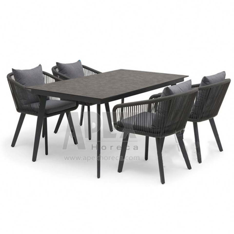 Custom Rope Weaving Metal Frame Modern Garden Furniture Dining Set Waterproof Luxury Outdoor Dining Table Chair Set