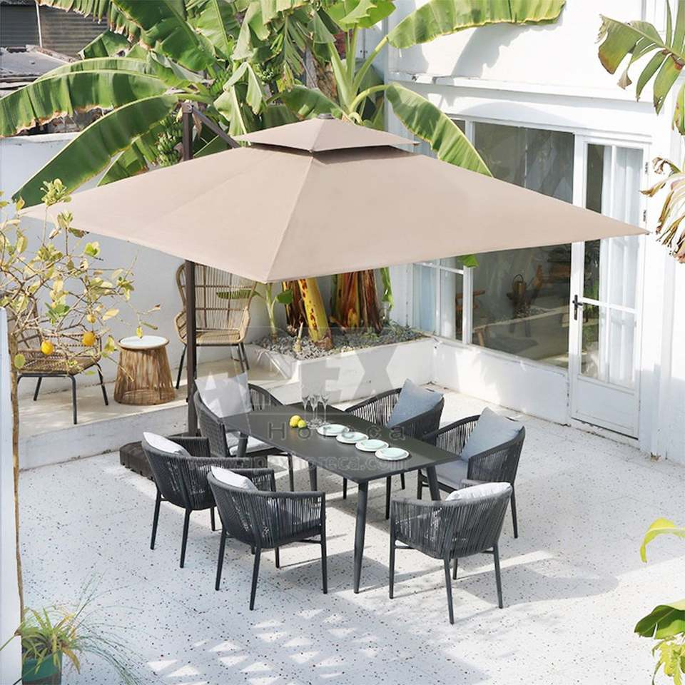 Custom Rope Weaving Metal Frame Modern Garden Furniture Dining Set Waterproof Luxury Outdoor Dining Table Chair Set