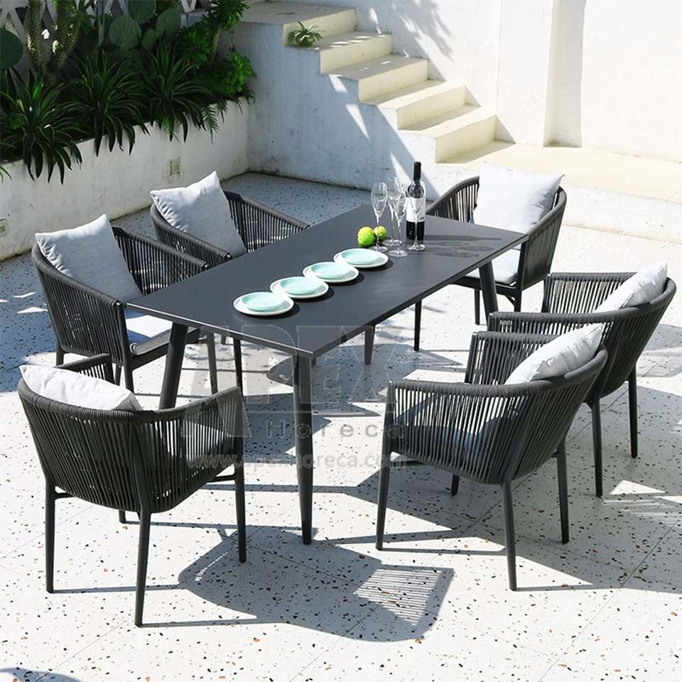 Custom Rope Weaving Metal Frame Modern Garden Furniture Dining Set Waterproof Luxury Outdoor Dining Table Chair Set