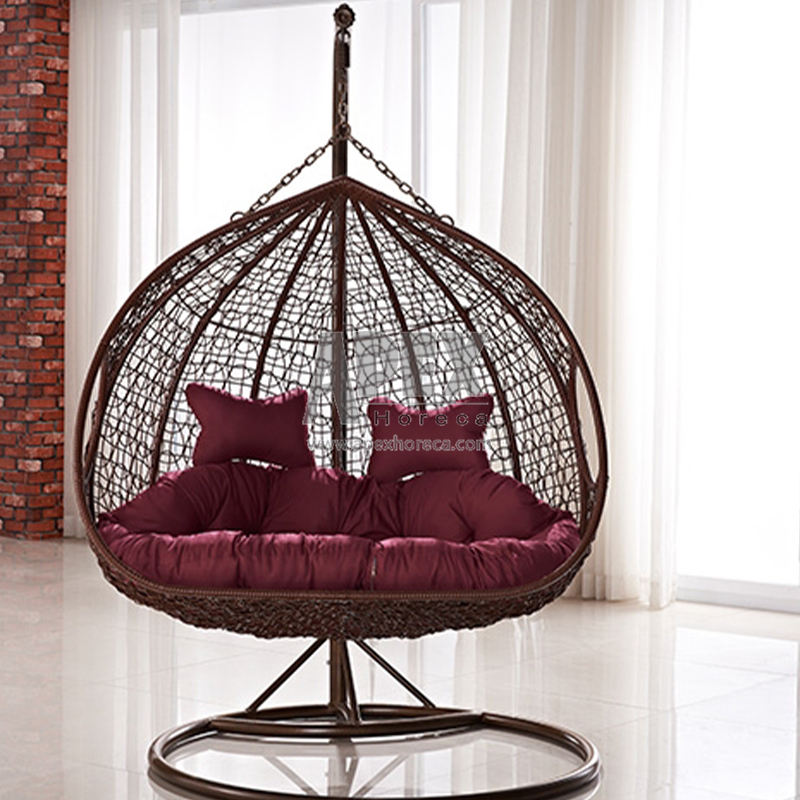 Outdoor Furniture Rattan Double Seat Hanging Egg Patio Swings Chair With Metal Stand