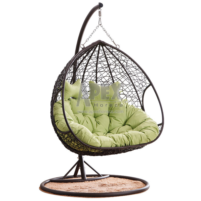 Outdoor Furniture Rattan Double Seat Hanging Egg Patio Swings Chair With Metal Stand