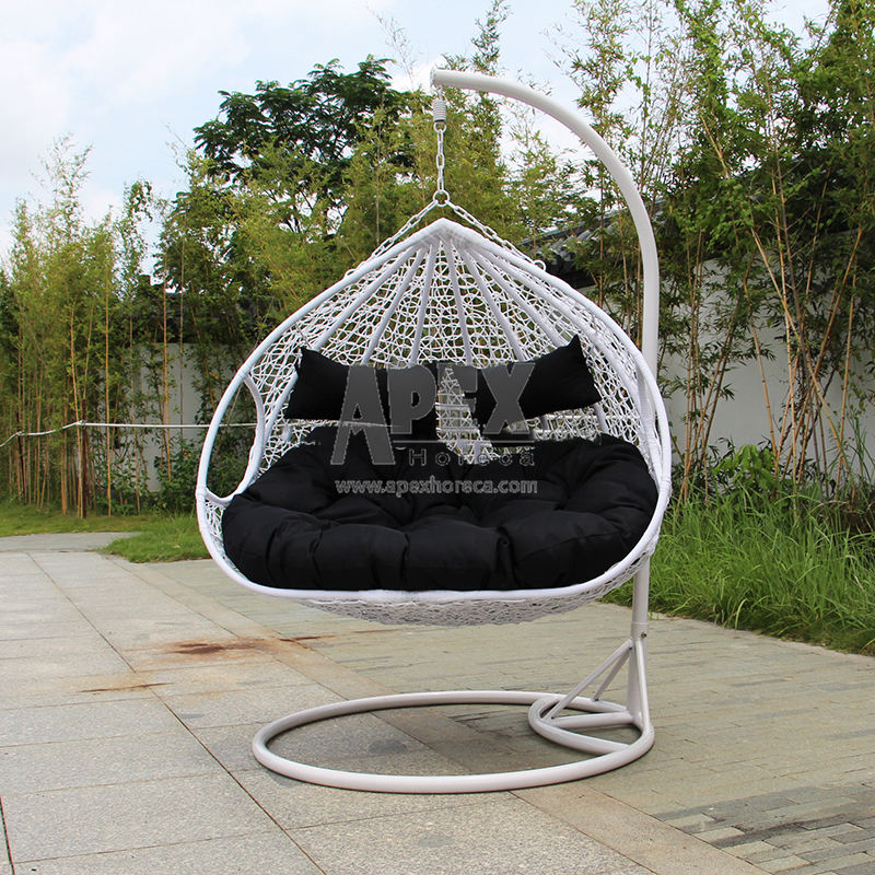 Outdoor Furniture Rattan Double Seat Hanging Egg Patio Swings Chair With Metal Stand