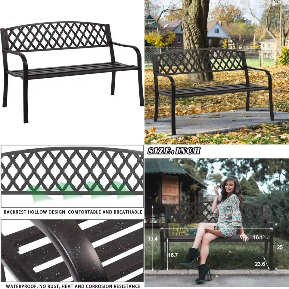 Metal Park Bench 50-Inch Outdoor Garden Chair Patio Bench on Sale Yard Bench for Porch Steel Frame Entryway Furniture