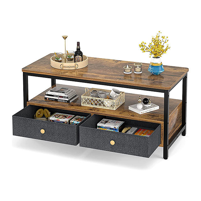 Modern Home Furniture Sturdy Wooden Coffee Table with 2 Drawers Multifunctional Storage Center Table for Living Room