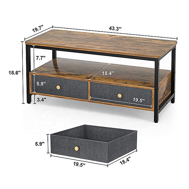 Modern Home Furniture Sturdy Wooden Coffee Table with 2 Drawers Multifunctional Storage Center Table for Living Room