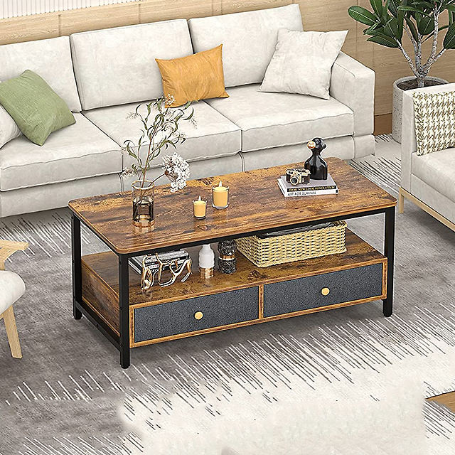 Modern Home Furniture Sturdy Wooden Coffee Table with 2 Drawers Multifunctional Storage Center Table for Living Room