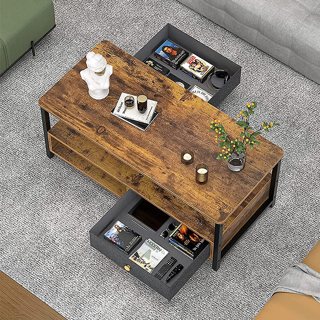 Modern Home Furniture Sturdy Wooden Coffee Table with 2 Drawers Multifunctional Storage Center Table for Living Room