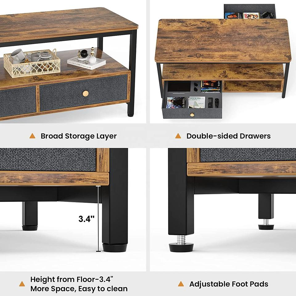 Modern Home Furniture Sturdy Wooden Coffee Table with 2 Drawers Multifunctional Storage Center Table for Living Room
