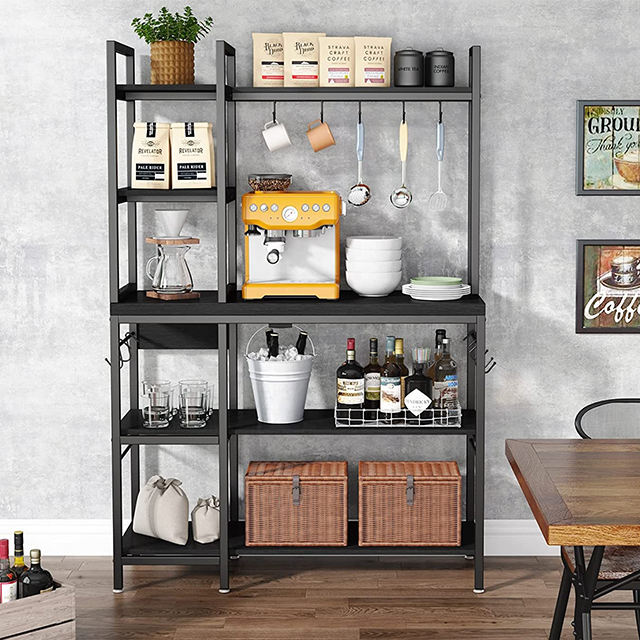 Simple Open Kitchen Storage Shelf 5-Tier 43.3in Wide Bakers Rack Large Capacity Coffee Bar Microwave Stand with Steel Frame