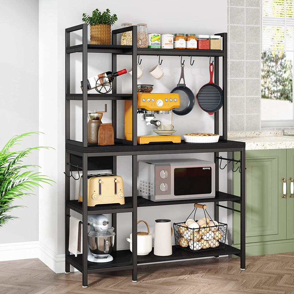 Simple Open Kitchen Storage Shelf 5-Tier 43.3in Wide Bakers Rack Large Capacity Coffee Bar Microwave Stand with Steel Frame