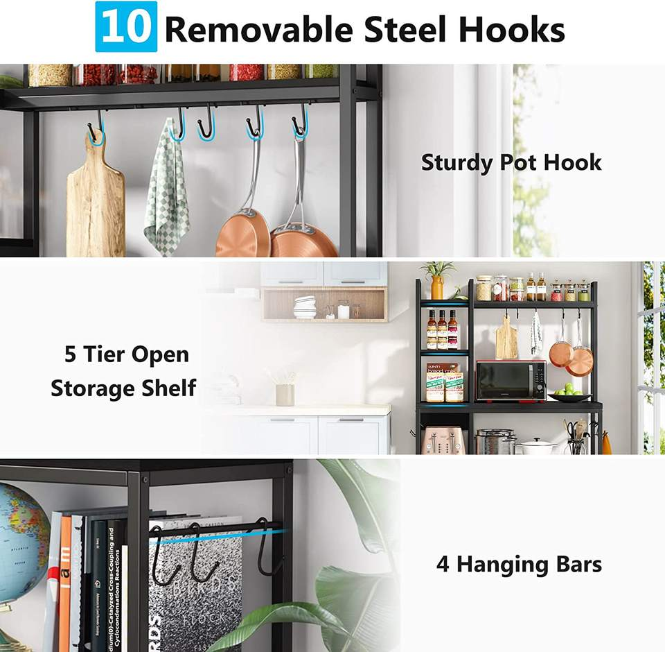 Simple Open Kitchen Storage Shelf 5-Tier 43.3in Wide Bakers Rack Large Capacity Coffee Bar Microwave Stand with Steel Frame