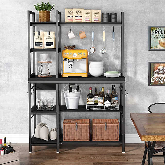 Simple Open Kitchen Storage Shelf 5-Tier 43.3in Wide Bakers Rack Large Capacity Coffee Bar Microwave Stand with Steel Frame