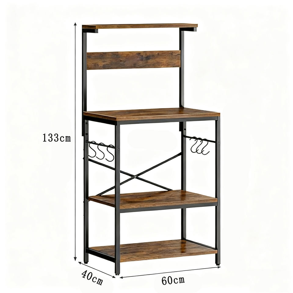 Low MOQ Multi Tier Coffee Bar Station Rustic Wooden Microwave Stand with S Shaped Hooks Bakers Rack for Kitchen Living Room