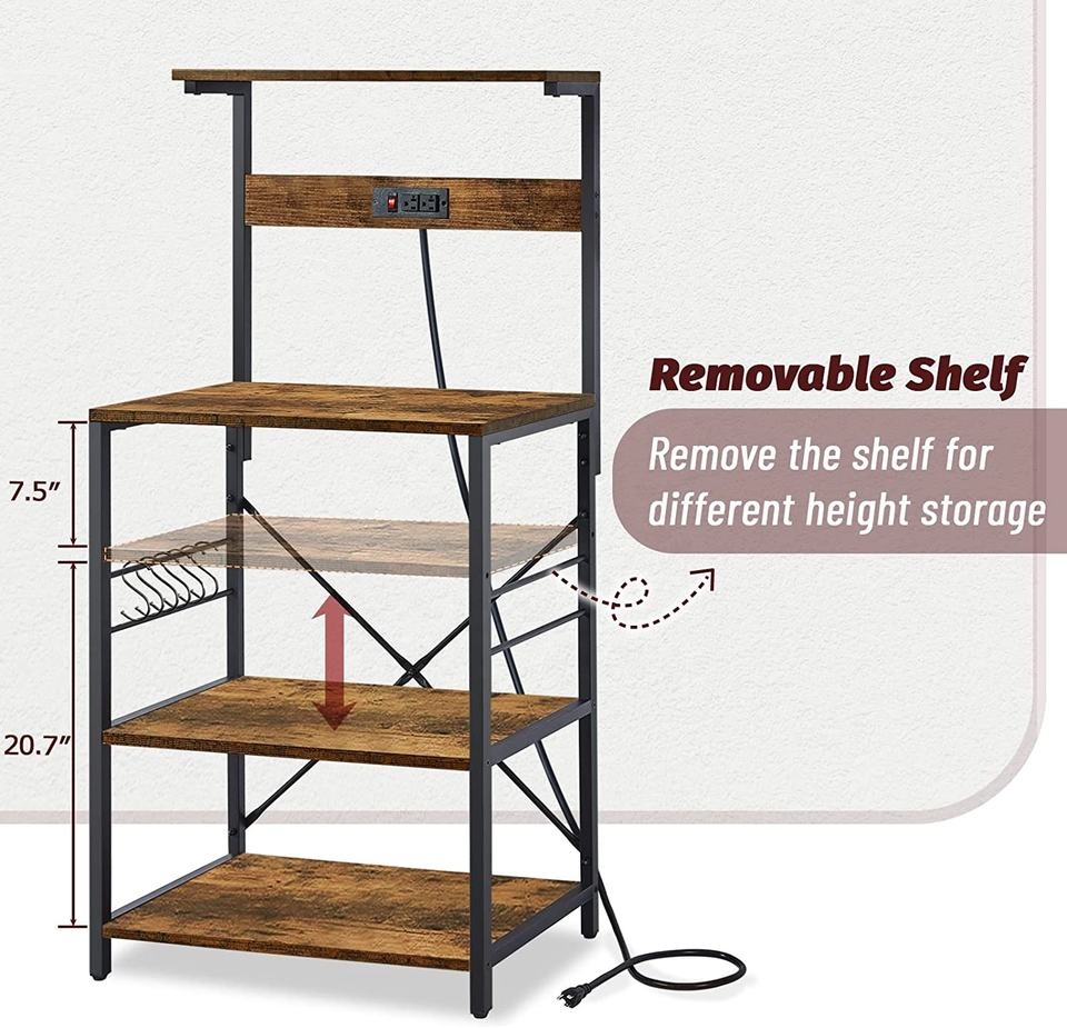 Low MOQ Multi Tier Coffee Bar Station Rustic Wooden Microwave Stand with S Shaped Hooks Bakers Rack for Kitchen Living Room