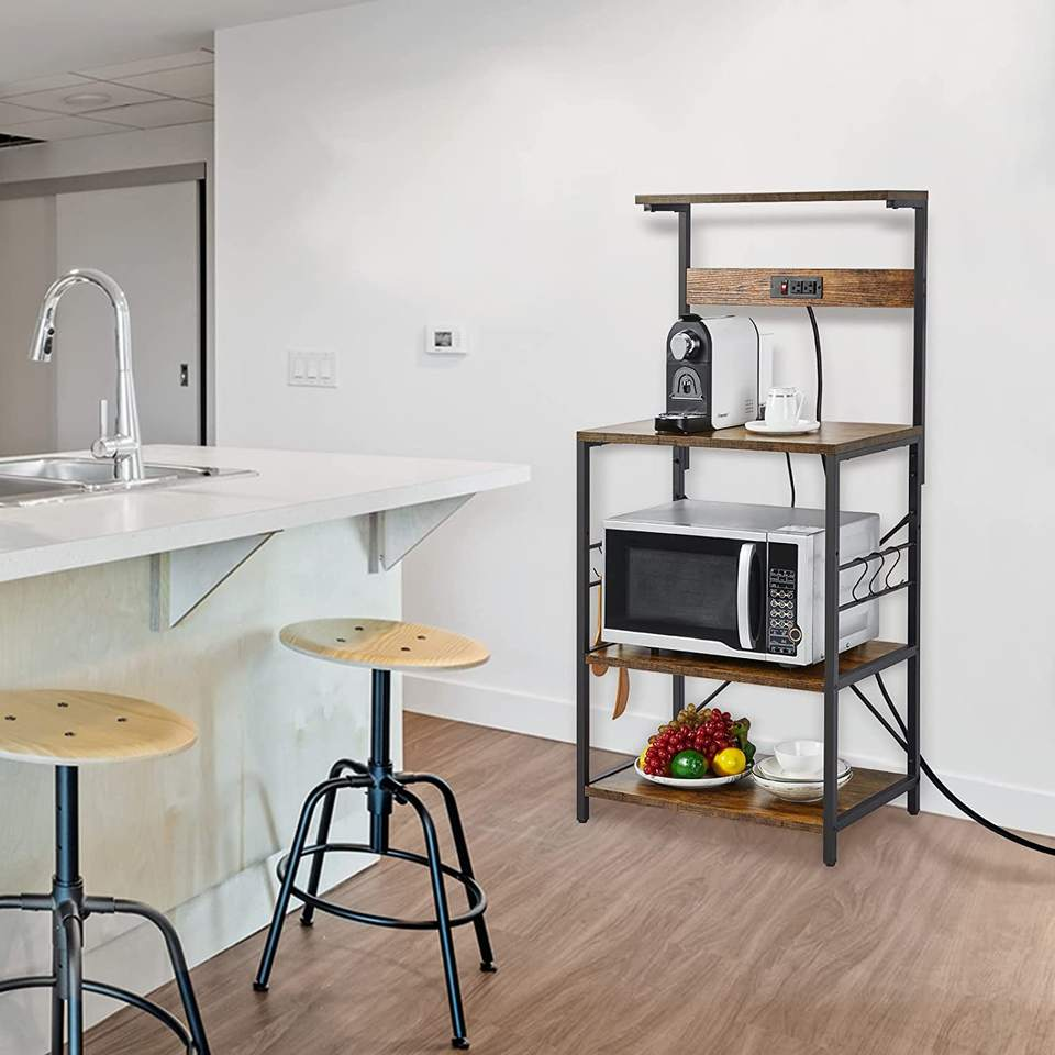 Low MOQ Multi Tier Coffee Bar Station Rustic Wooden Microwave Stand with S Shaped Hooks Bakers Rack for Kitchen Living Room