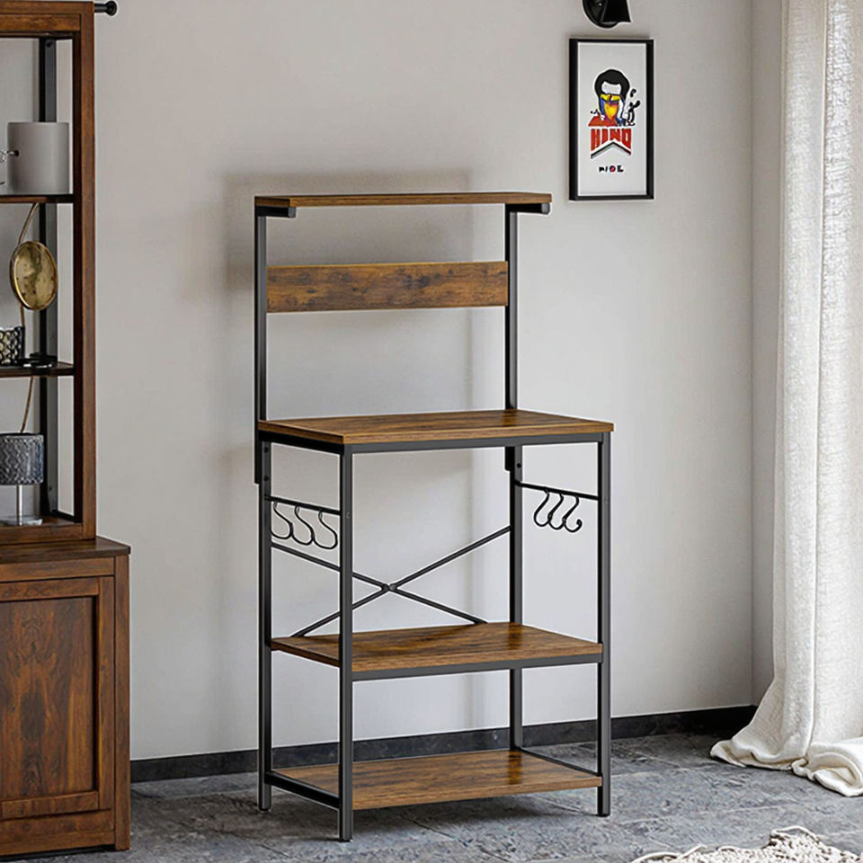 Low MOQ Multi Tier Coffee Bar Station Rustic Wooden Microwave Stand with S Shaped Hooks Bakers Rack for Kitchen Living Room