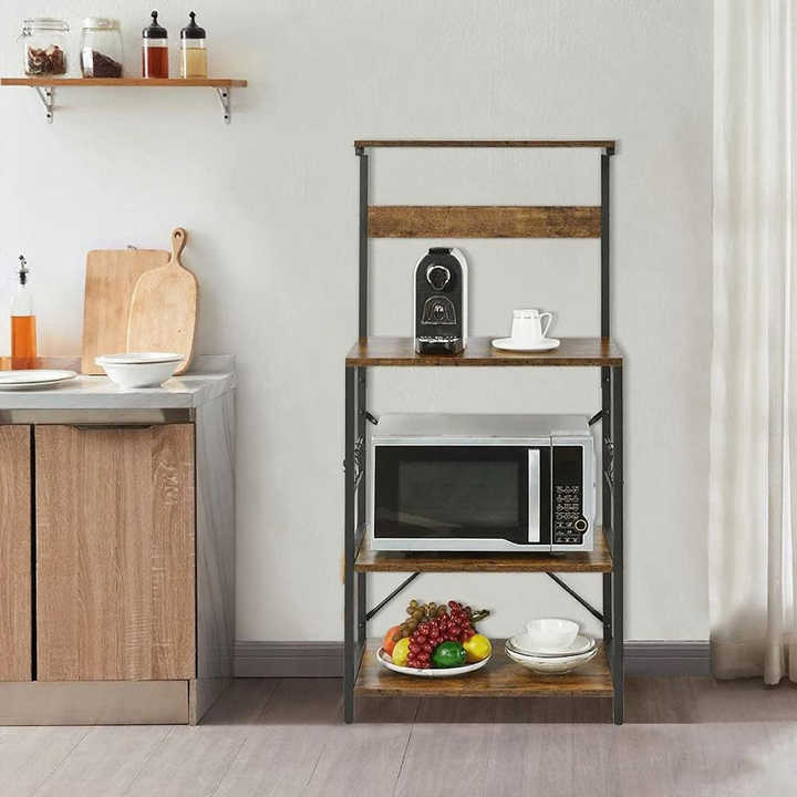 Low MOQ Multi Tier Coffee Bar Station Rustic Wooden Microwave Stand with S Shaped Hooks Bakers Rack for Kitchen Living Room