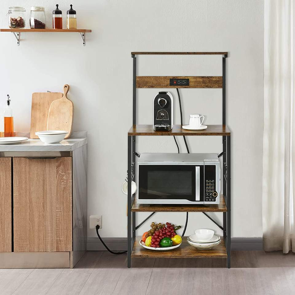 Modern Industrial Kitchen Furniture 4 Tiers Freestanding Storage Shelf Adjustable Wooden Board Bakers Rack for Home Coffee Bar