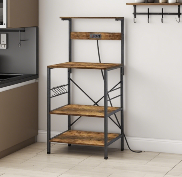 Modern Industrial Kitchen Furniture 4 Tiers Freestanding Storage Shelf Adjustable Wooden Board Bakers Rack for Home Coffee Bar