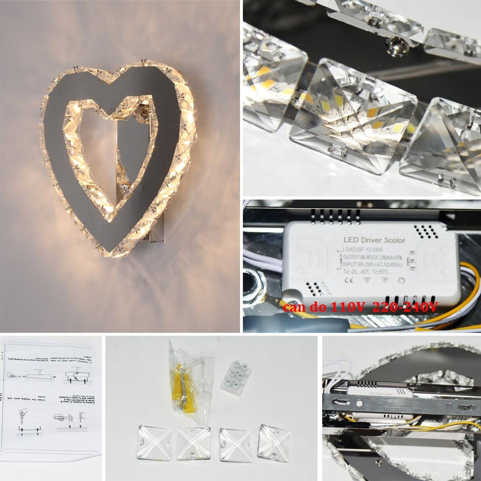 Custom LED Heart Shape Bedroom Light Crystal Wall Lamp Indoor Decorative Illumination
