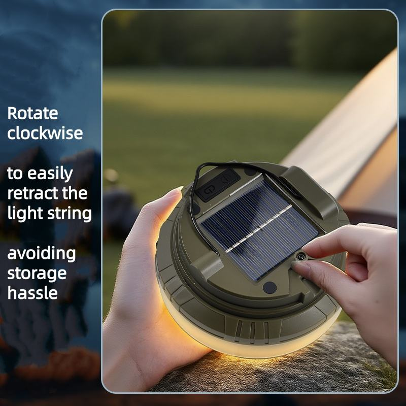 Solar Camping String Lights, IP65 Waterproof Warm White LED for Tent & Canopy, Rechargeable Solar Panel