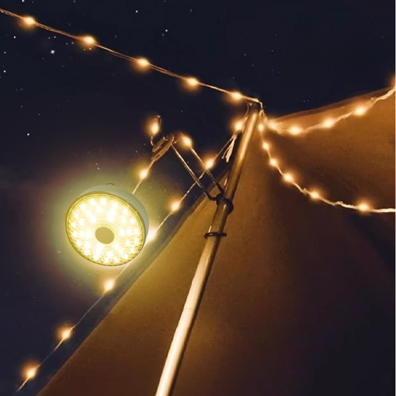 Solar Camping String Lights, IP65 Waterproof Warm White LED for Tent & Canopy, Rechargeable Solar Panel