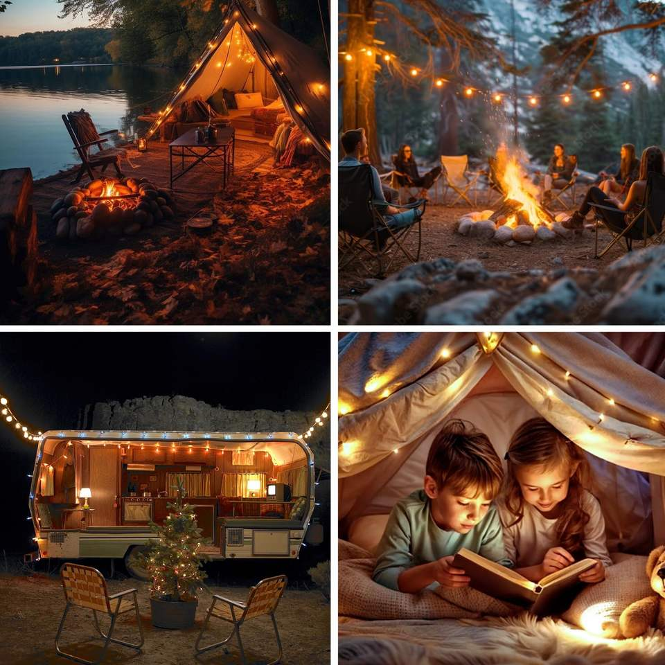 Solar Camping String Lights, IP65 Waterproof Warm White LED for Tent & Canopy, Rechargeable Solar Panel