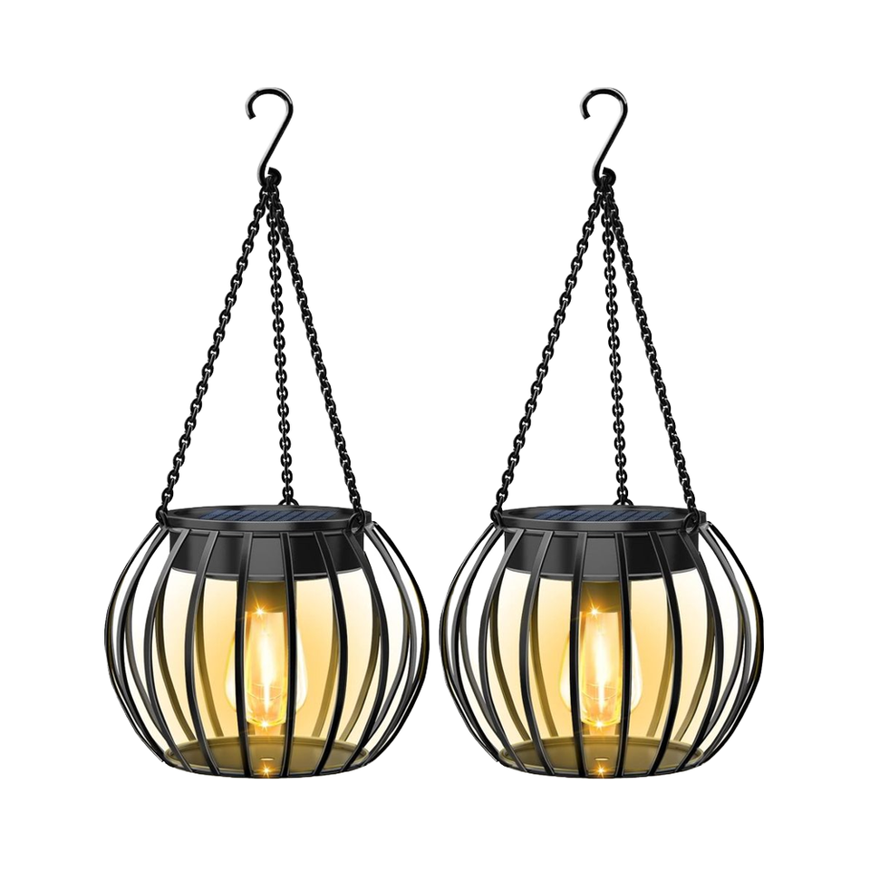 Solar Hanging Metal Cage Lantern with Warm White LED Edison Bulb Outdoor Garden/Patio/Tree Decor