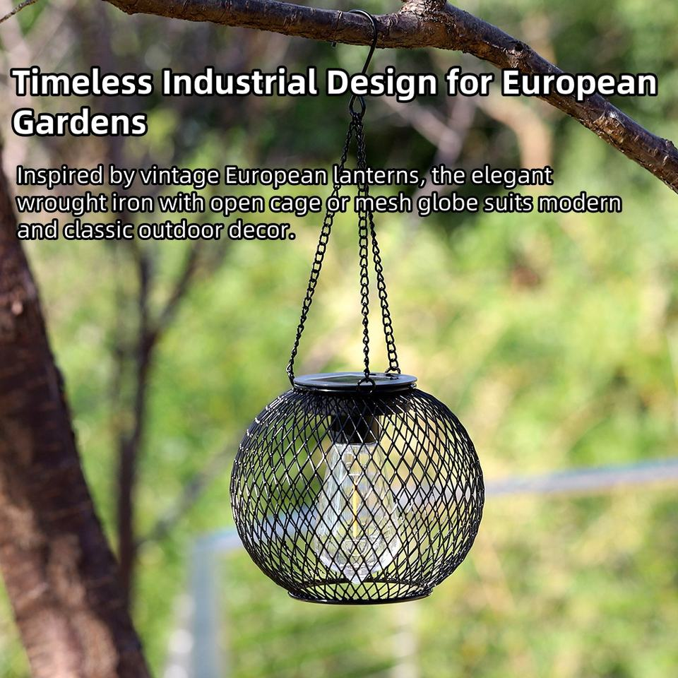 Solar Hanging Metal Cage Lantern with Warm White LED Edison Bulb Outdoor Garden/Patio/Tree Decor