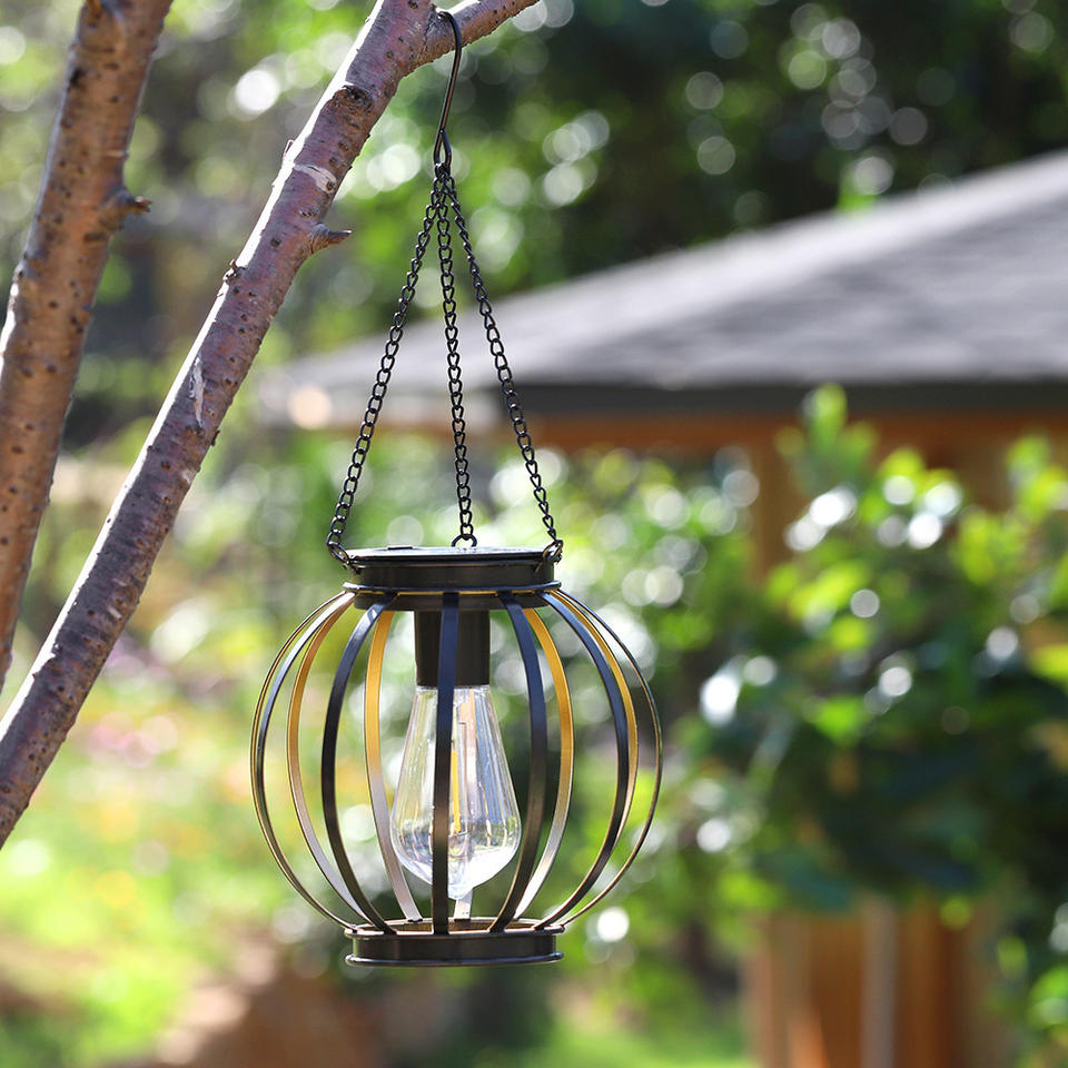 Solar Hanging Metal Cage Lantern with Warm White LED Edison Bulb Outdoor Garden/Patio/Tree Decor