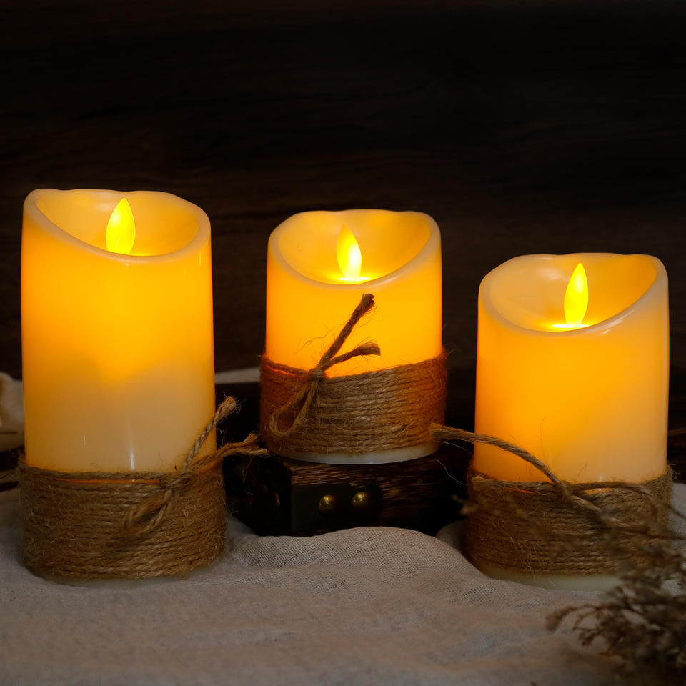 Rustic Battery Operated LED Wax Candle Flameless Candles with Jute Rope for Christmas, Thanksgiving, and Home Decoration