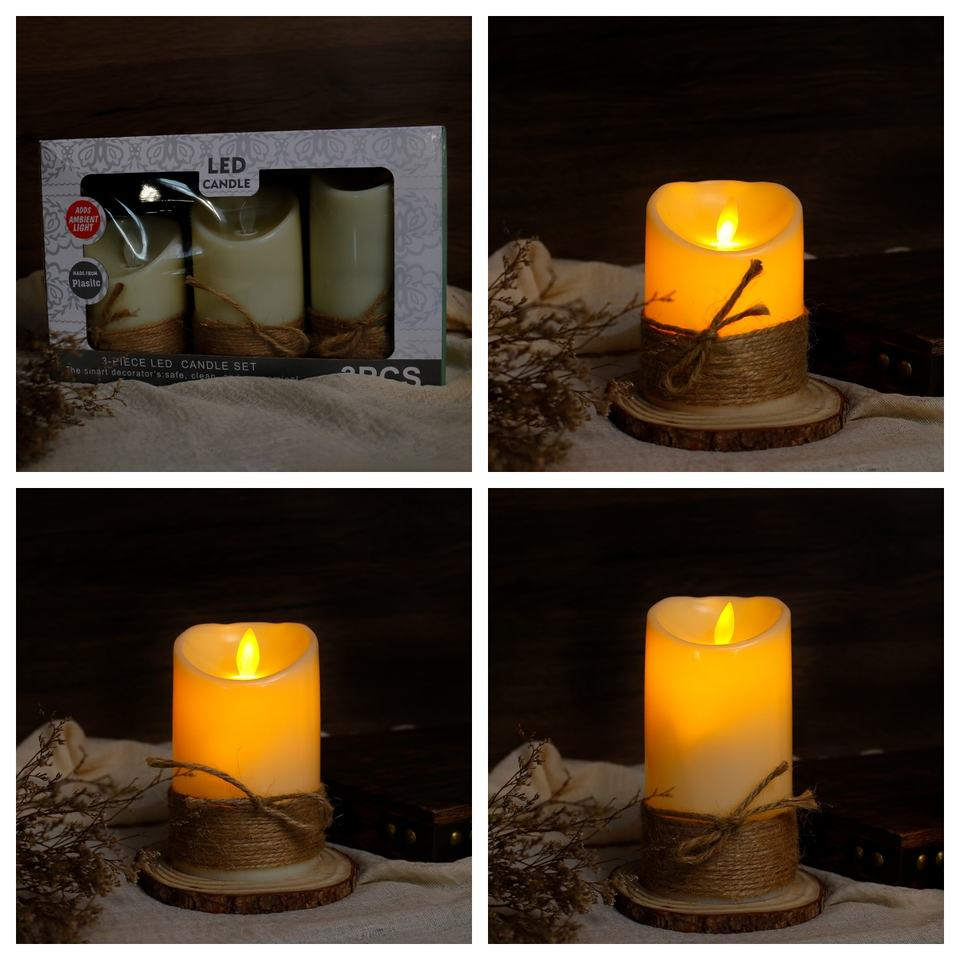 Rustic Battery Operated LED Wax Candle Flameless Candles with Jute Rope for Christmas, Thanksgiving, and Home Decoration