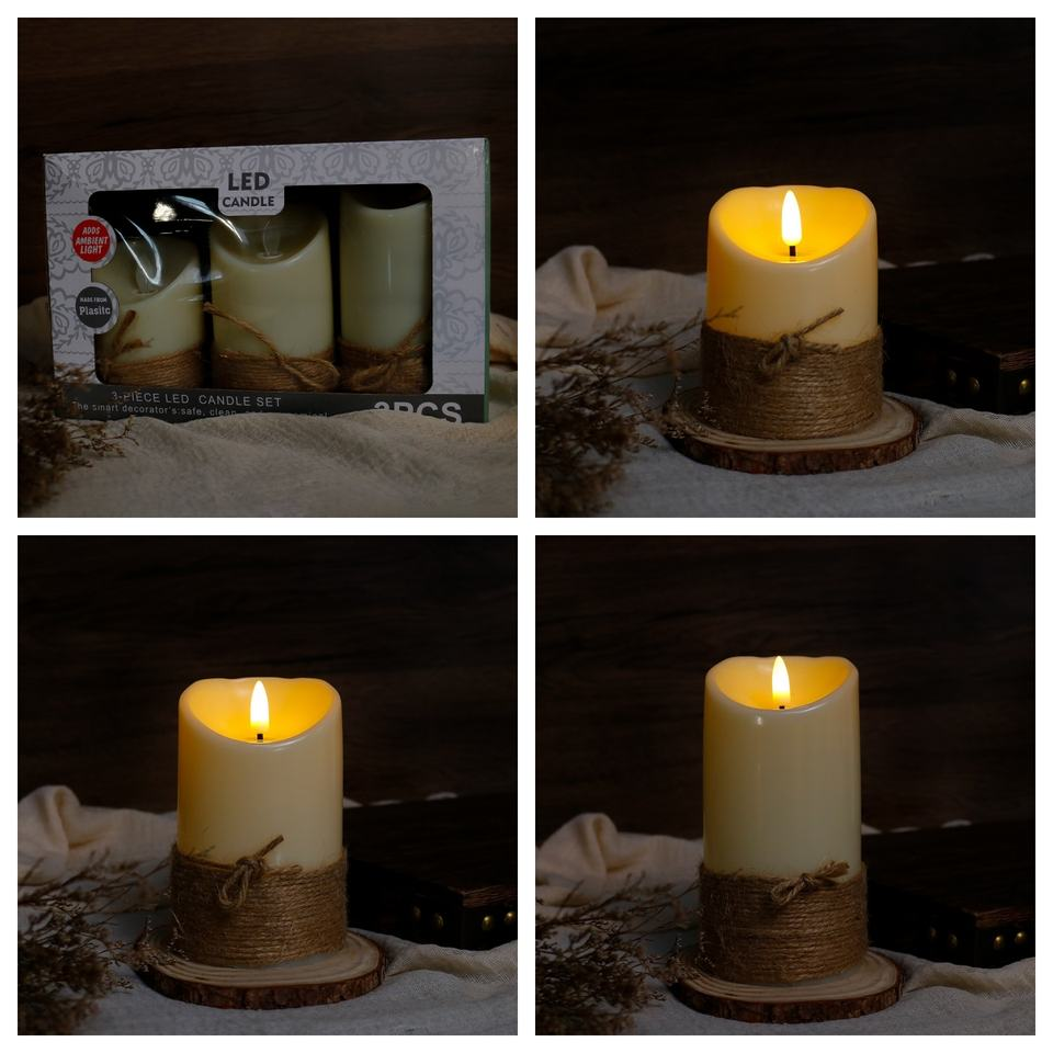 Rustic Battery Operated LED Wax Candle Flameless Candles with Jute Rope for Christmas, Thanksgiving, and Home Decoration