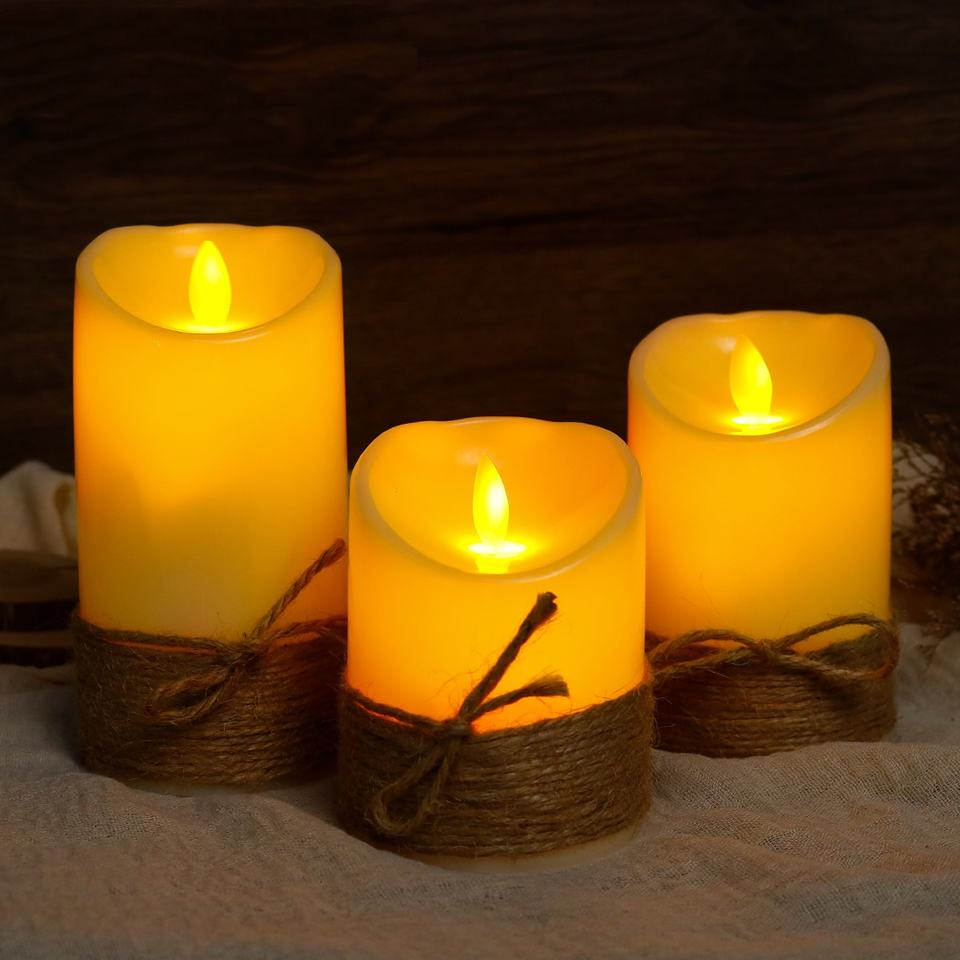 Wholesale LED Flameless Candle Light with Real Wax Shell and Jute Rope for Home, Wedding, and Party Decor