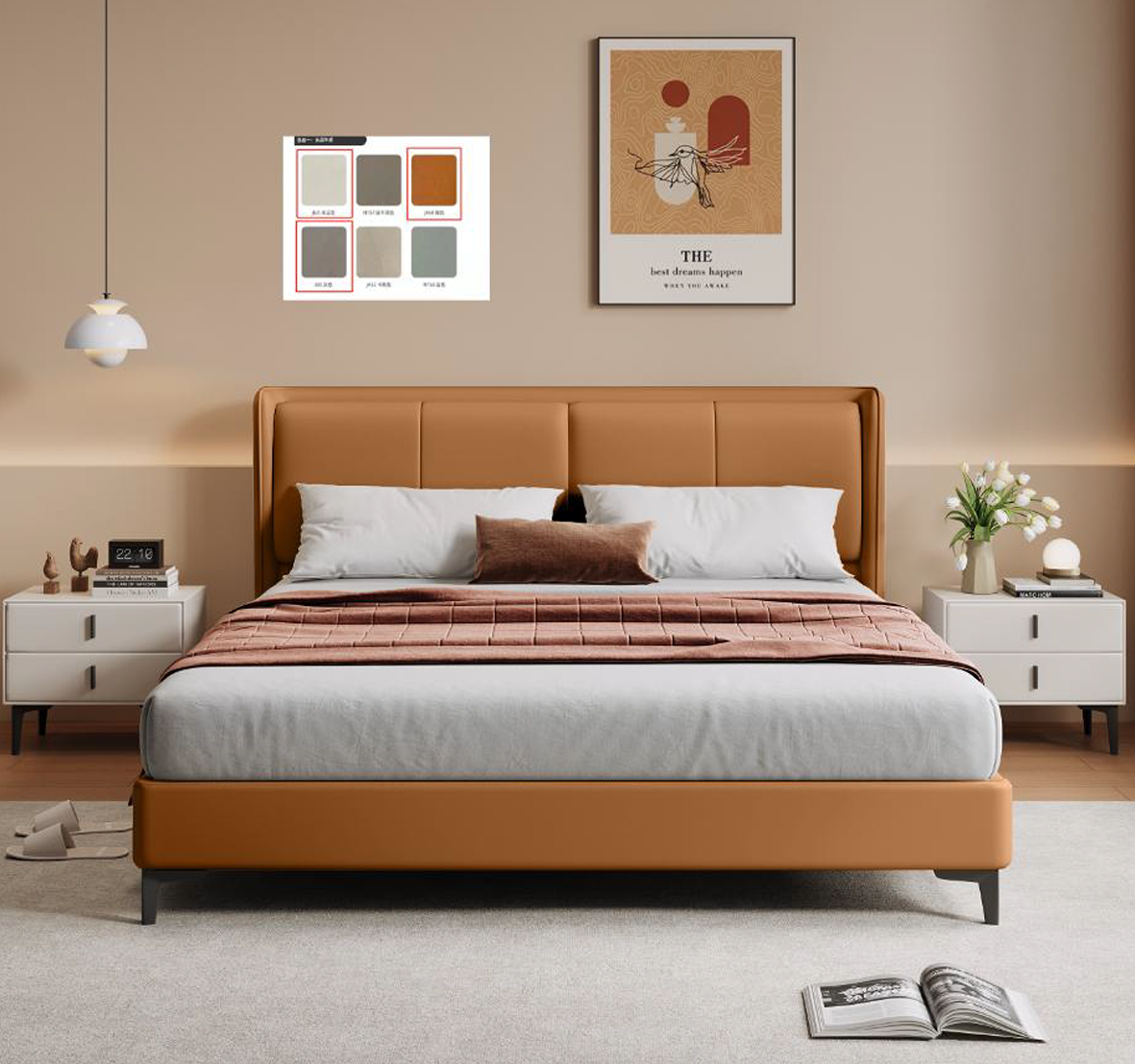 Orange Faux Leather 2 Cushion Headboard Double Bed H073